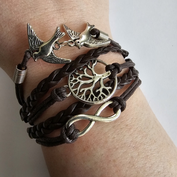 Bracelet with Peace sign, infinity symbol, and tree charms brown silver tone - Picture 5 of 8